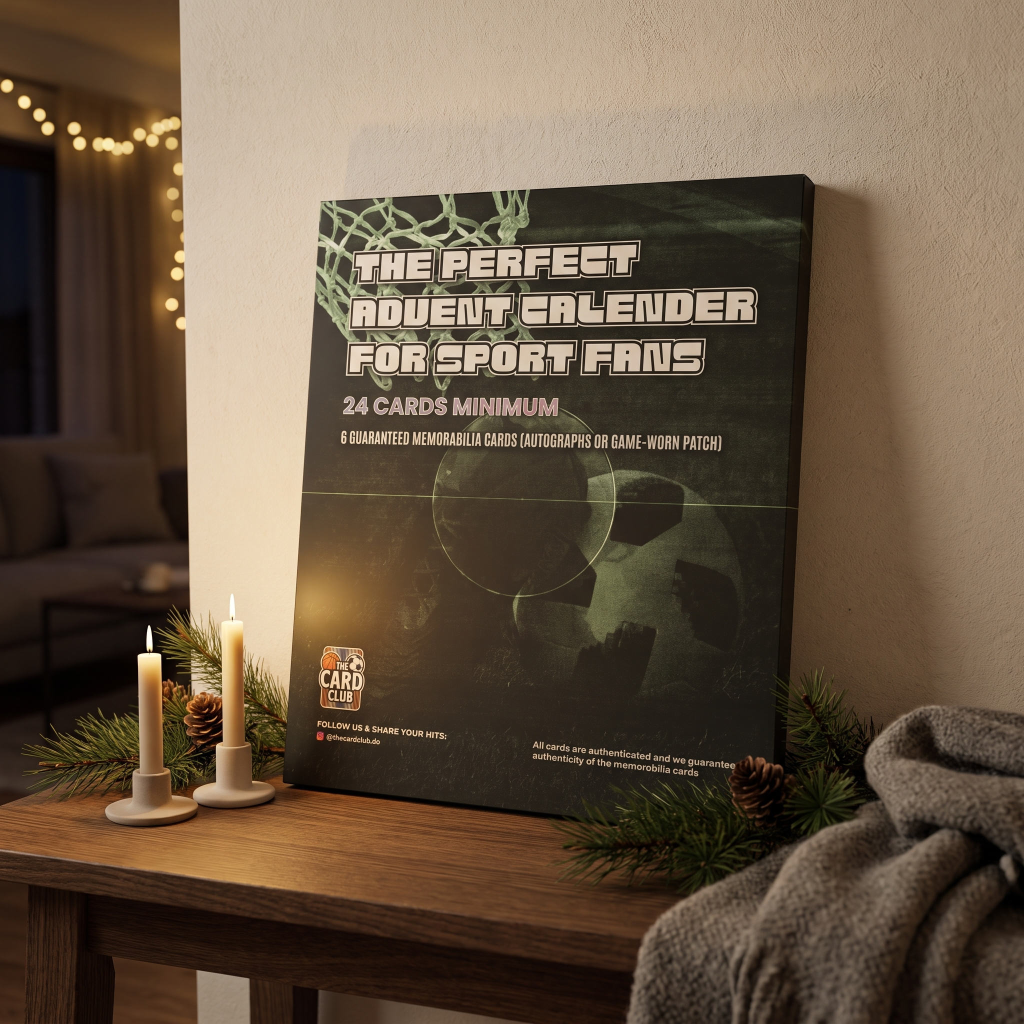 TheCardClub Adventskalender im weihnachtlichen Setting auf Holztisch