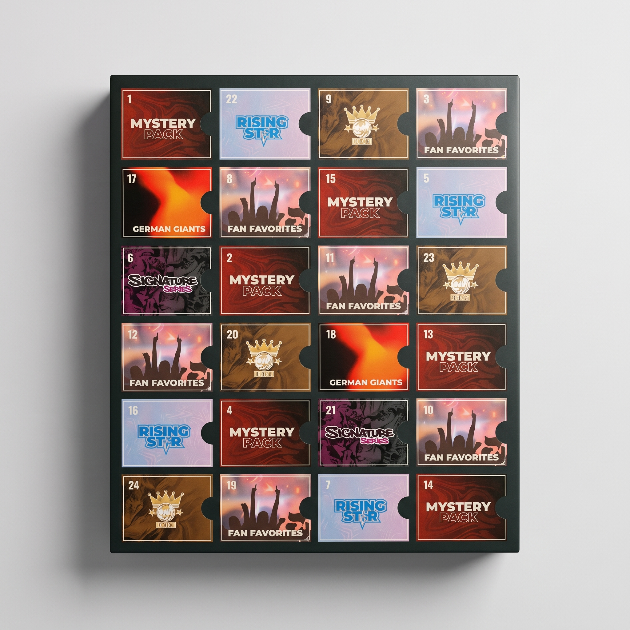Rückseite mit allen 24 Türchen und Editionen – Mystery Pack, Fan Favorites, Rising Star, Icon Edition, German Giants, Signature Series