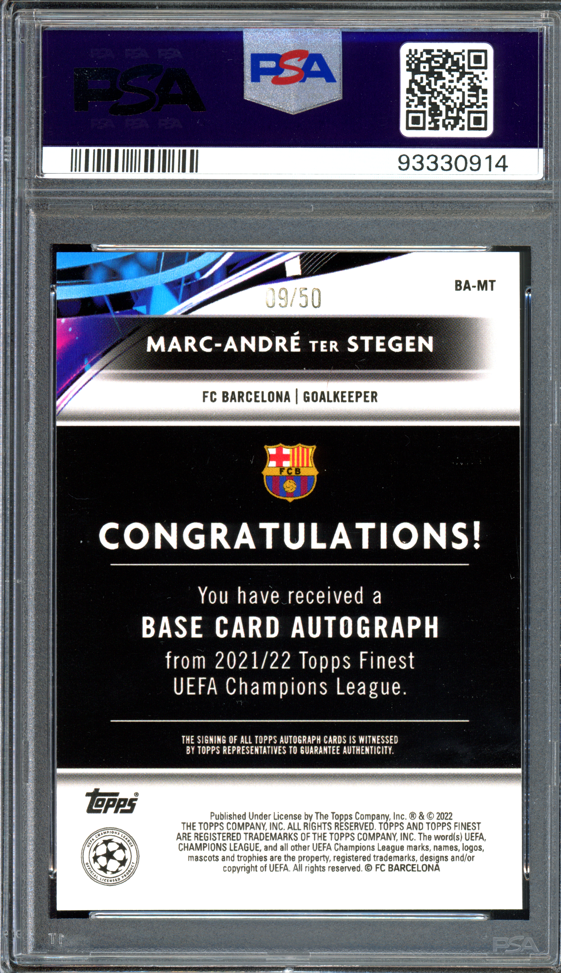 Marc-Andre Ter Stegen Autogramm Gold Refractor PSA 10 für Karte & Autogramm - Limitiert auf 50 I 2021-22 Topps Finest UCL