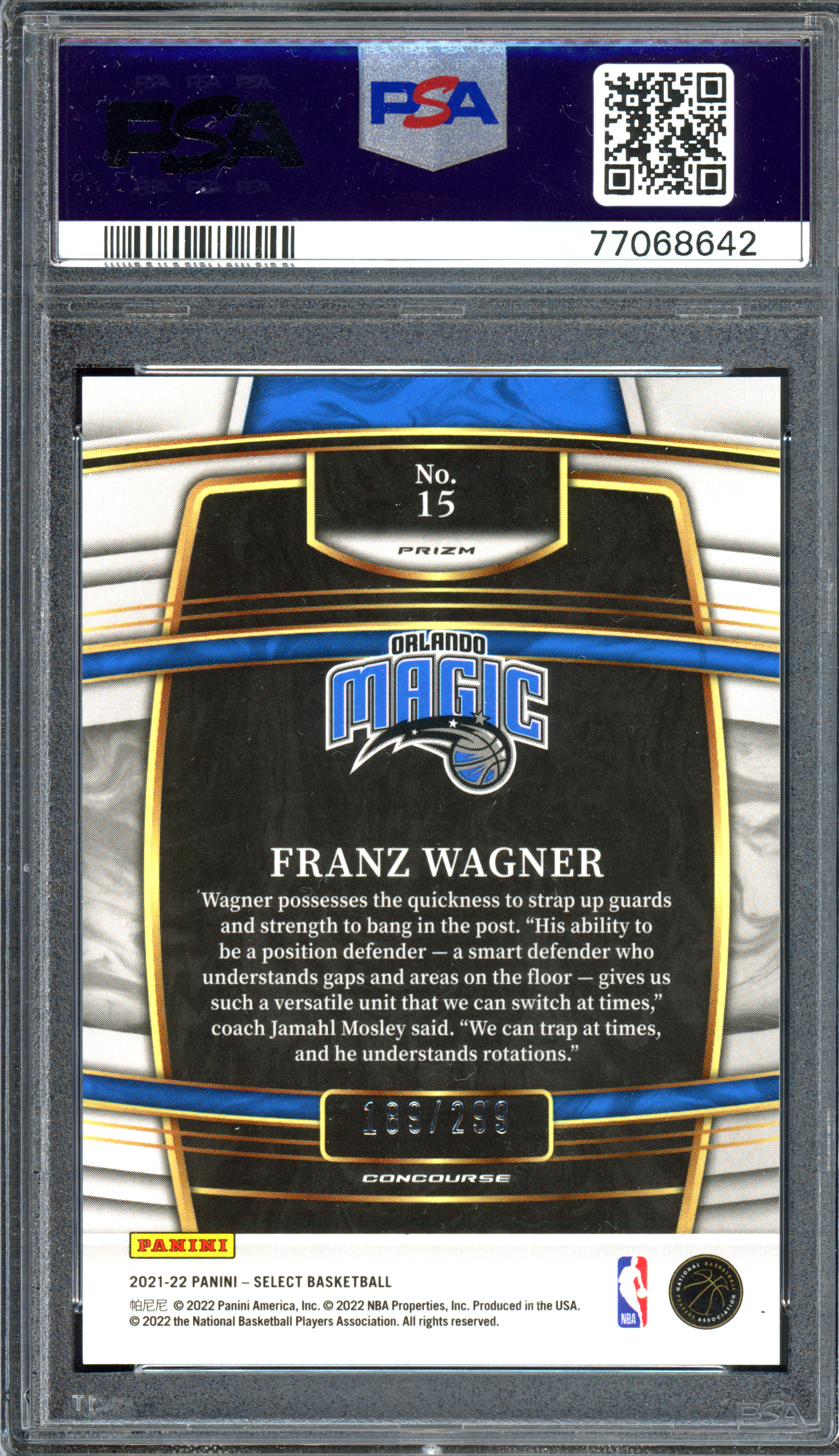 Franz Wagner Light Blue Prizm Rookie PSA 9 I Nummeriert auf 299 I 2021-22 Panini Select