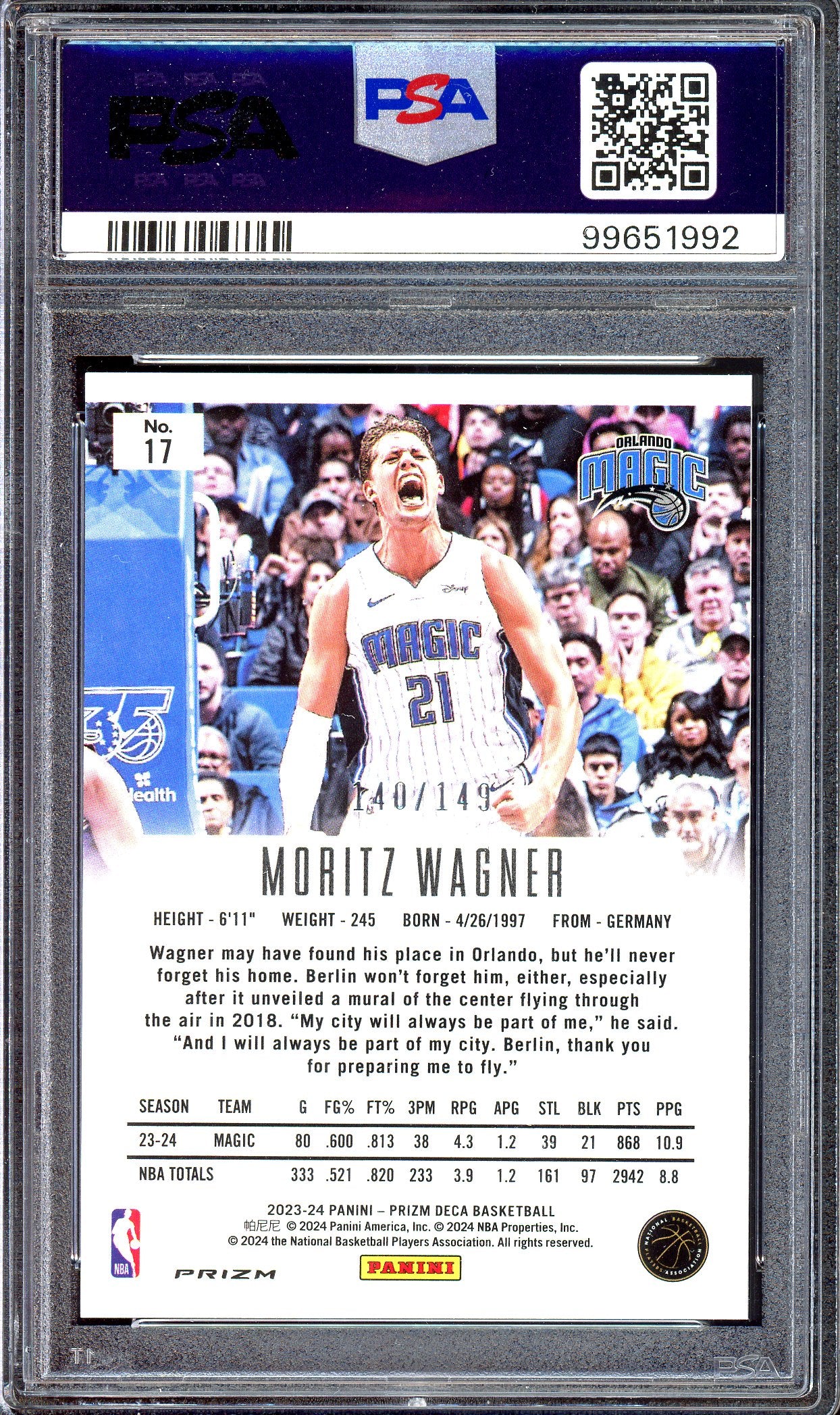 Moritz Wagner Blue - Limitiert auf 149 - PSA 10 - 2023-24 Panini Prizm Deca