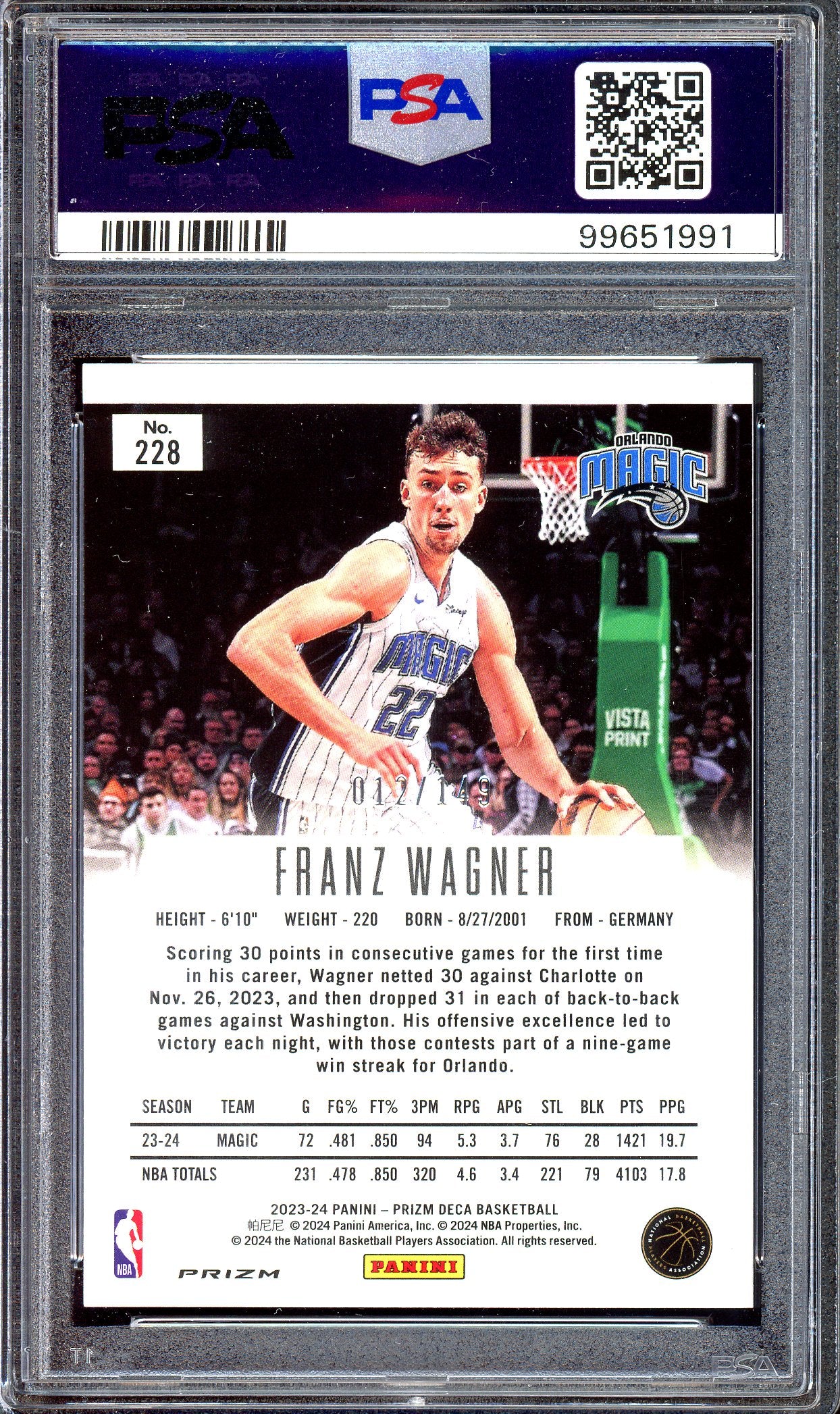 Franz Wagner Blue - Limitiert auf 149 - PSA 10 - 2023-24 Panini Prizm Deca