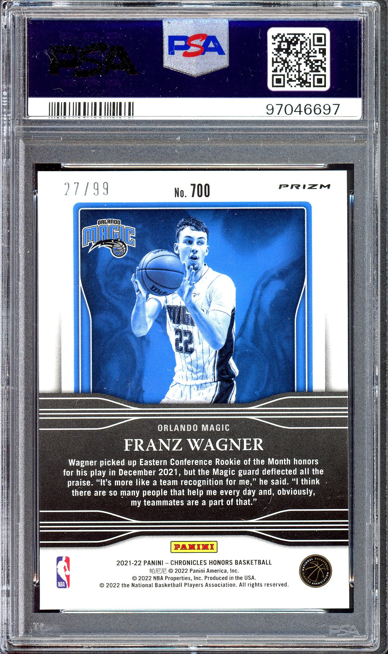 Franz Wagner Blue Rookie - Limitiert auf 99 - PSA 10 - 2021 Panini Chronicles Honors
