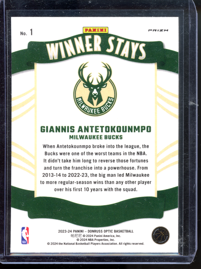 Giannis Antetokounmpo Winner Stays Purple I 2023-24 Panini Donruss Optic