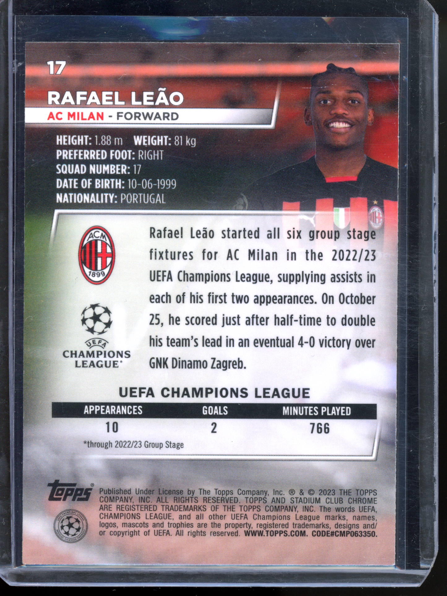 Rafael Leao Blue Prism I 2022-23 Stadium Club Chrome UEFA Champions League