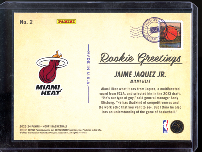 Jaime Jaquez Jr. Greetings from Miami Rookie Karte I 2023-24 Panini NBA Hoops