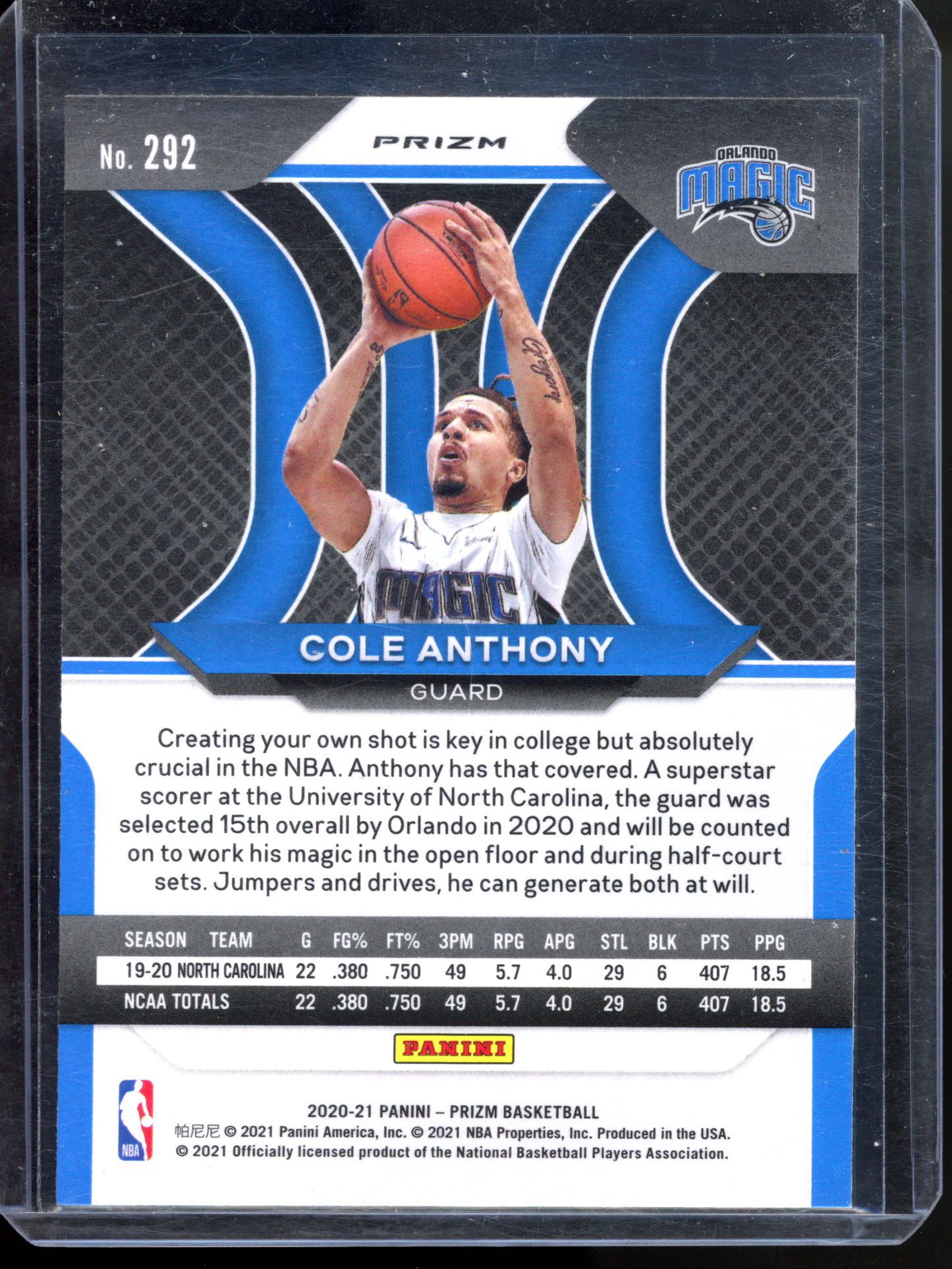 Cole Anthony Prizm Silver Rookie I 2020-21 Panini Prizm