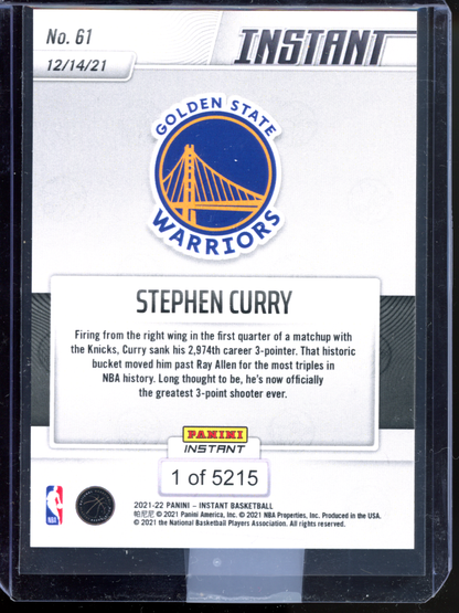 Stephen Curry All-Time 3-Point Leader - Limitiert auf 5215 I 2021-22 Panini Instant