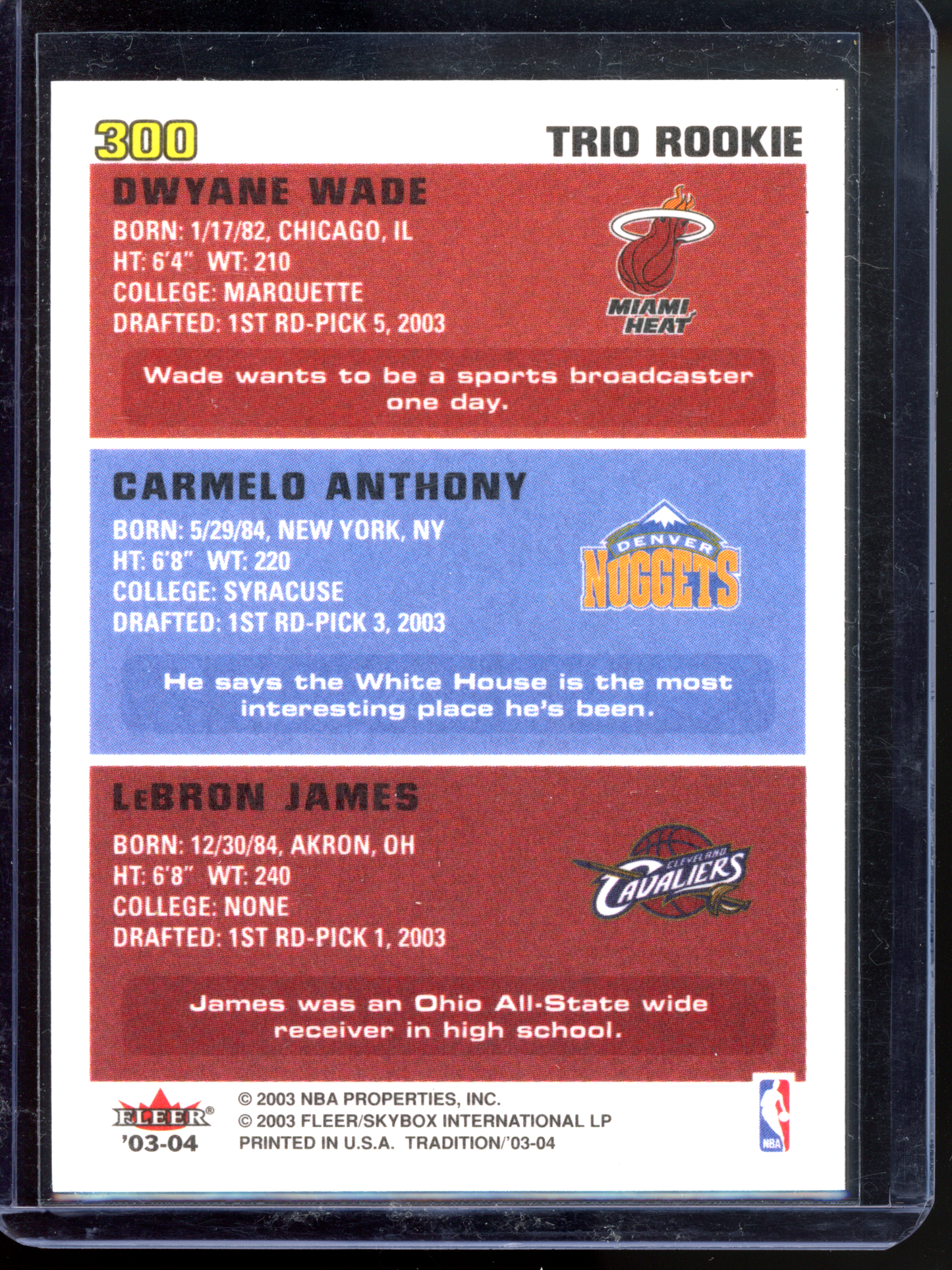 Lebron James & Dwyane Wade & Carmelo Anthony Trio Rookie I 2003-04 Fleer Tradition