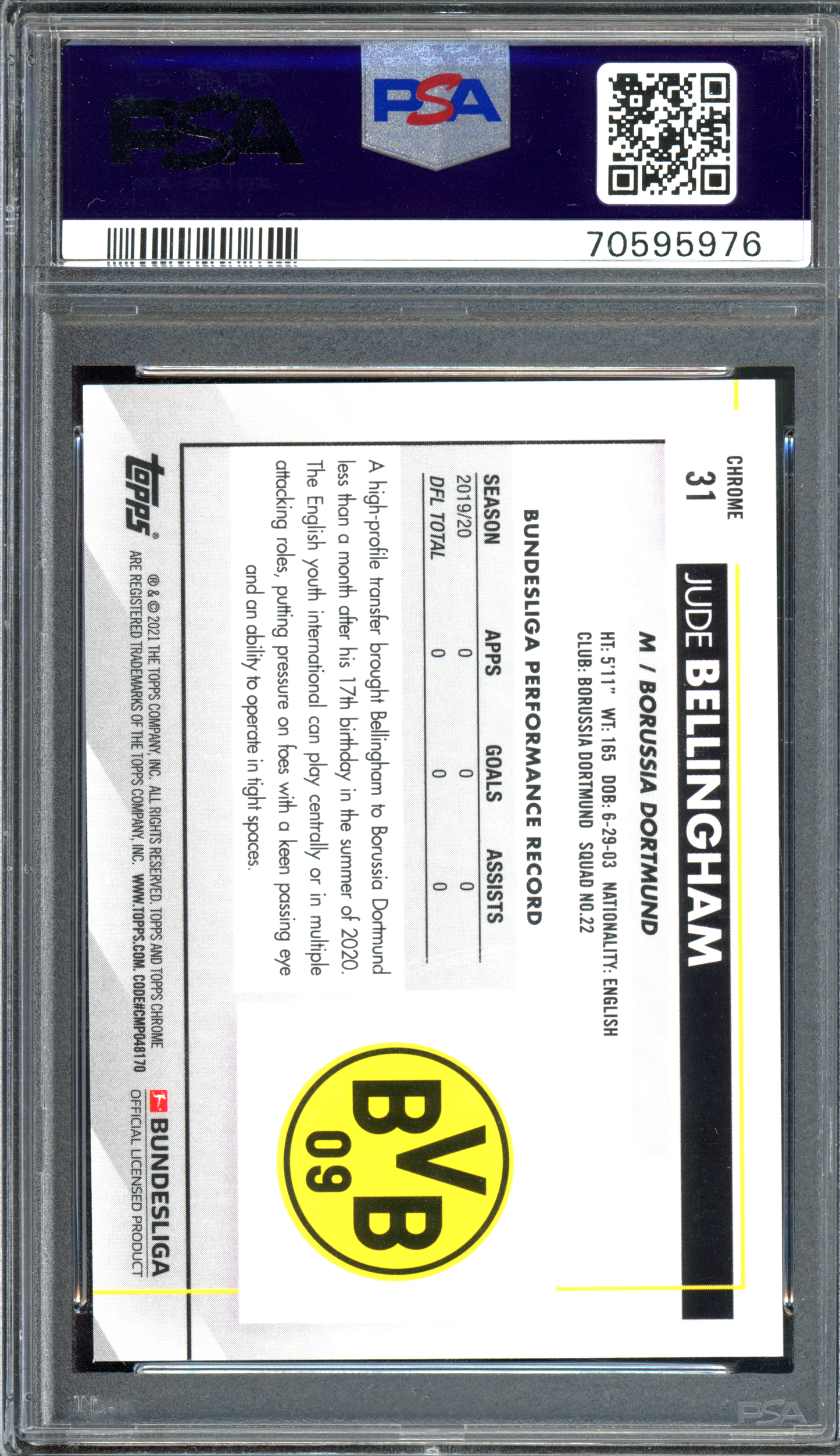 Jude Bellingham Rookie Sapphire Edition PSA 10 I 2021-22 Topps Chrome Bundesliga