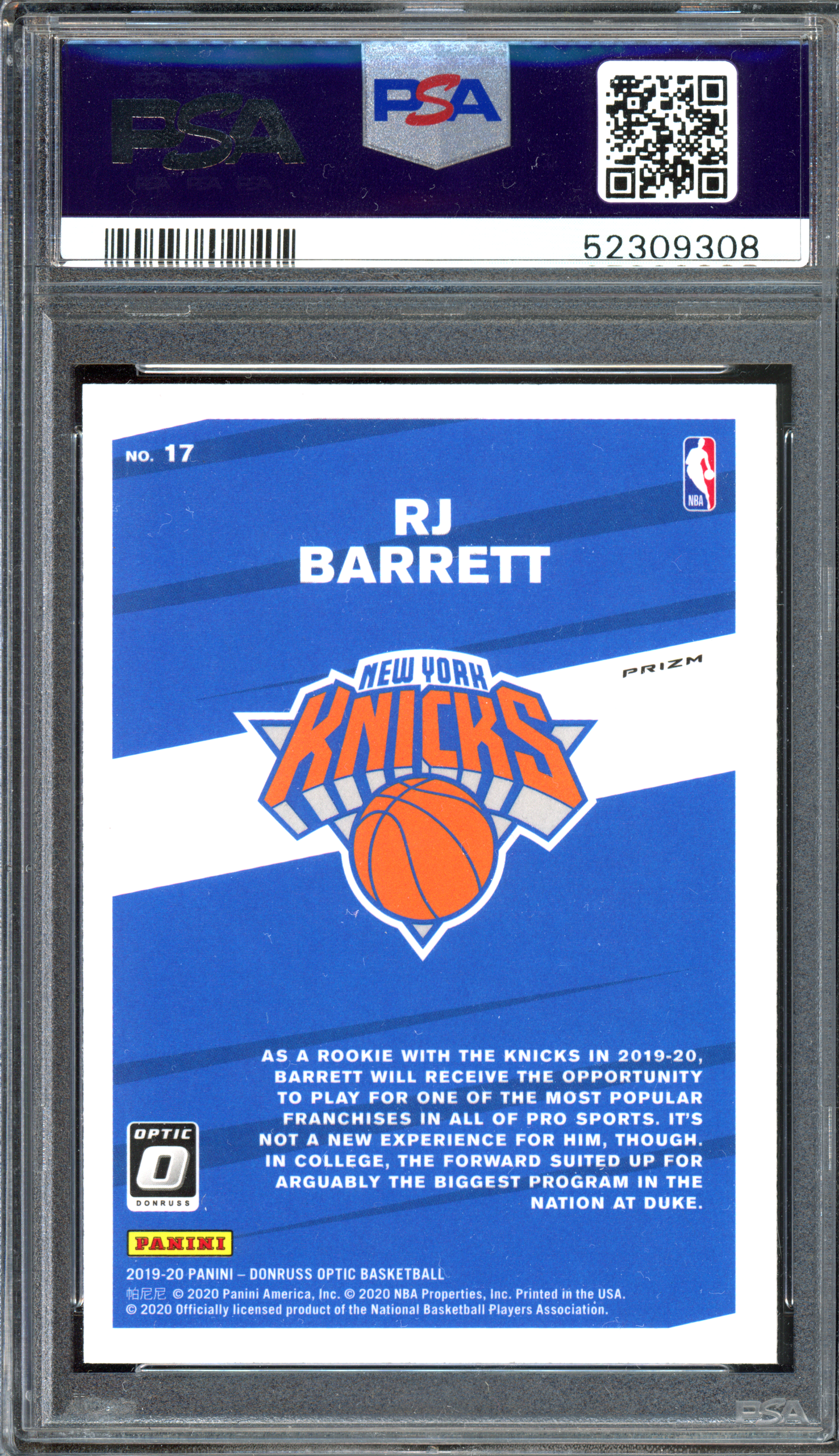 RJ Barrett My House! Holo PSA 9 Rookie I 2019-20 Panini Donruss Optic