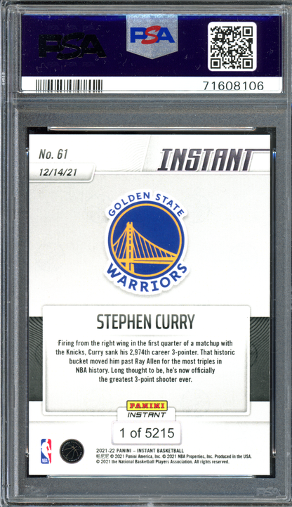 Stephen Curry Record Breaker NBA All-Time 3-Point Leader PSA 10 - Limitiert auf 5215 I 2021-22 Panini Instant