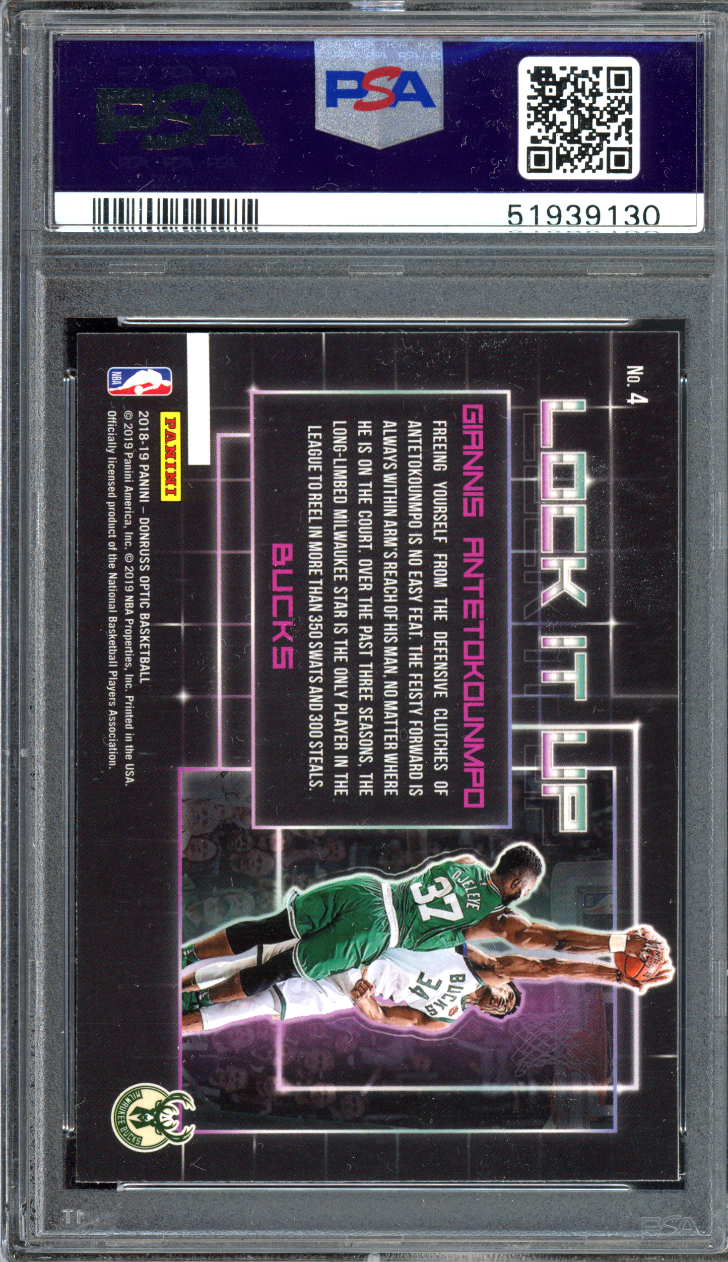 Giannis Antetokounmpo Lock it Up PSA 9 I 2018-19 Panini Donruss Optic