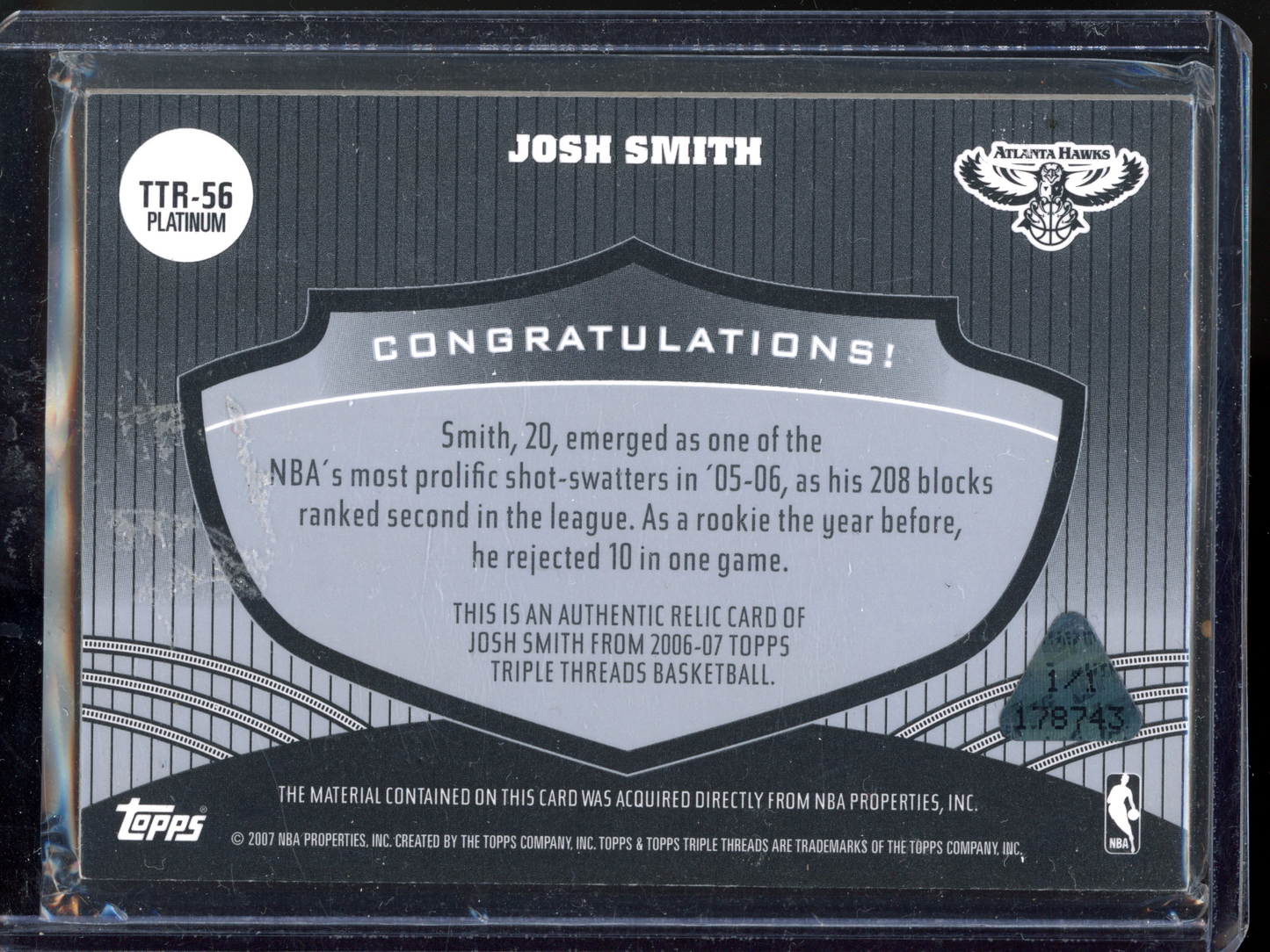 Josh Smith Triple Threads 1/1 mit Trikotstück - Einmalig auf der Welt! I 2006-07 Topps