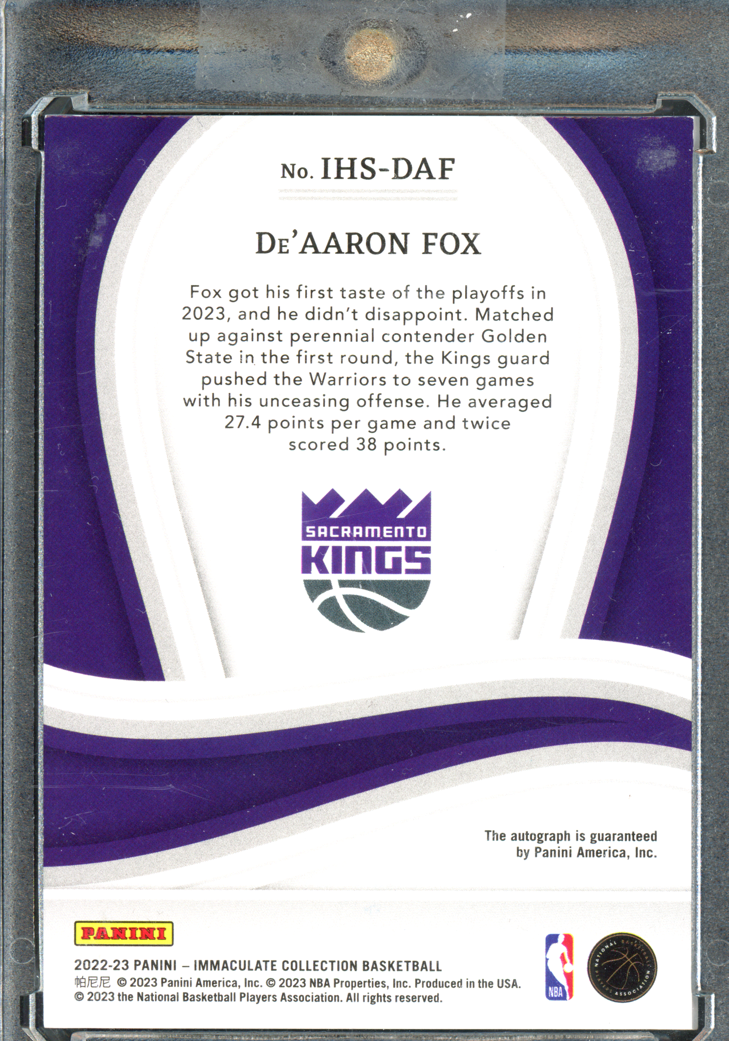 De'Aaron Fox Autogramm - Limitiert auf 15 I 2022-23 Panini Immaculate Collection