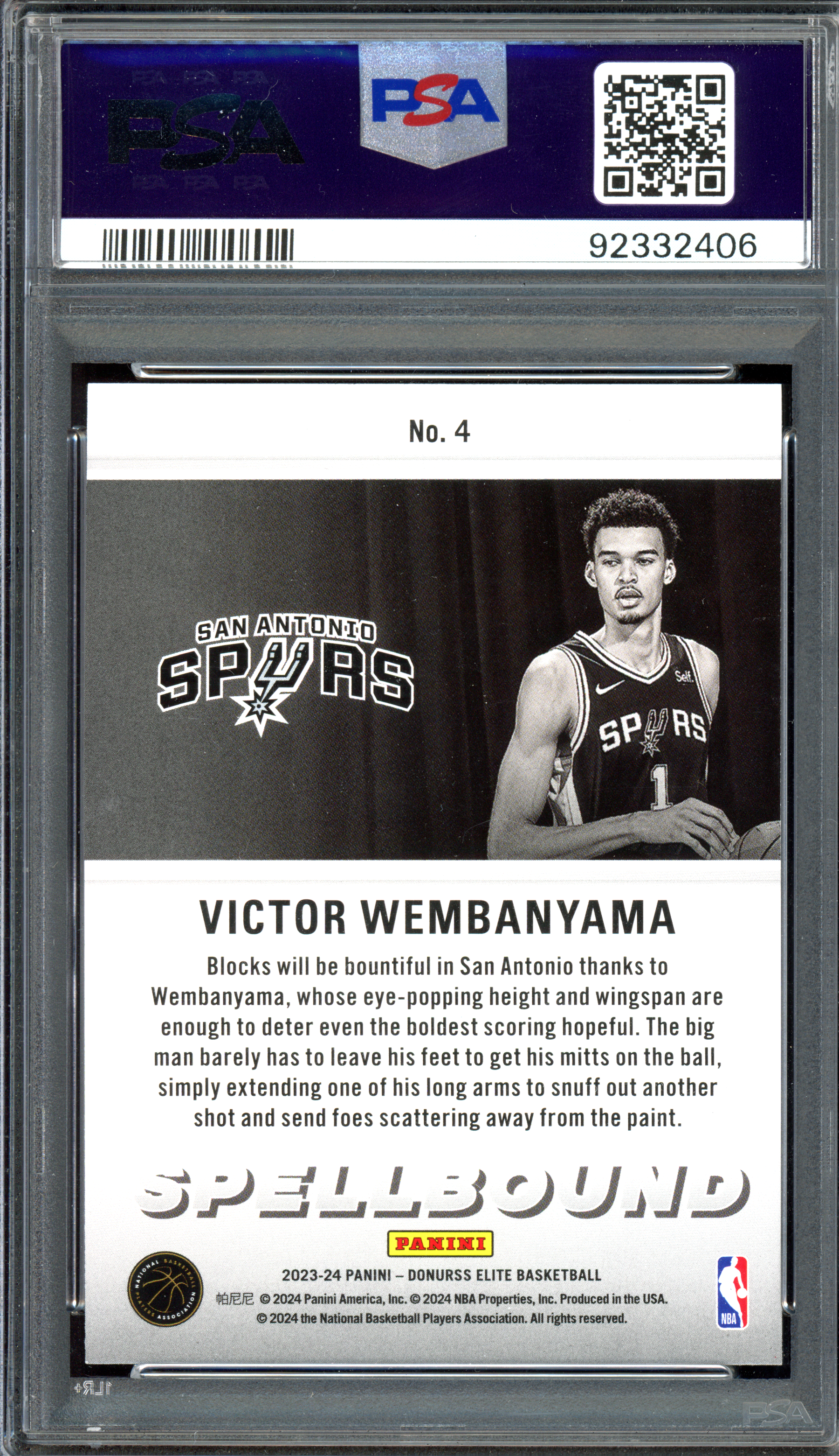 Victor Wembanyama Spellbound Rookie Karte PSA 9 I 2023-24 Panini Donruss Elite